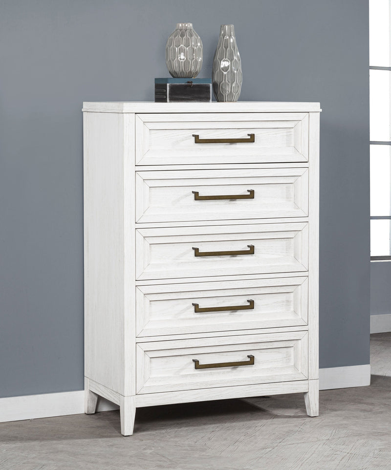 Cómoda de dormitorio de 5 cajones Marielle, blanco envejecido
