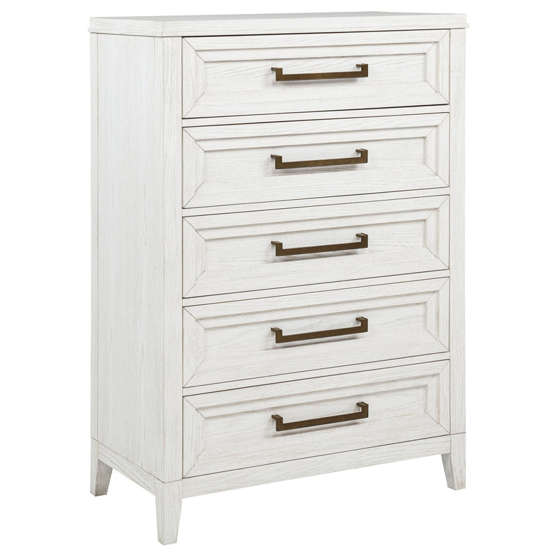 Cómoda de dormitorio de 5 cajones Marielle, blanco envejecido