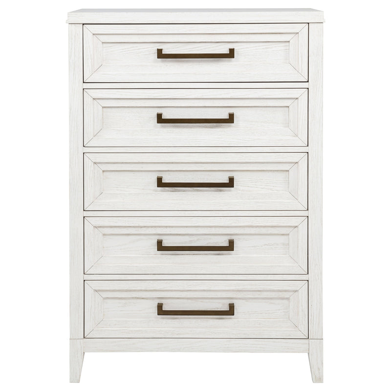 Cómoda de dormitorio de 5 cajones Marielle, blanco envejecido