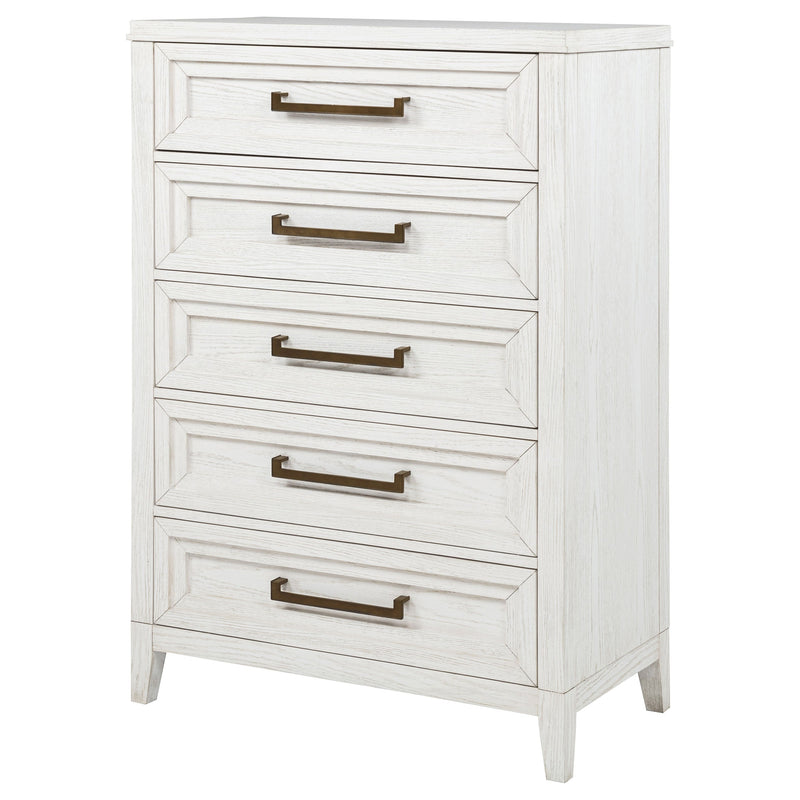 Cómoda de dormitorio de 5 cajones Marielle, blanco envejecido