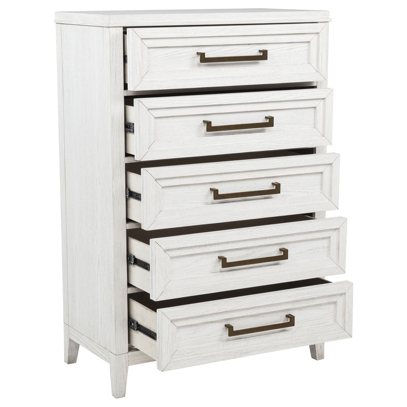 Cómoda de dormitorio de 5 cajones Marielle, blanco envejecido