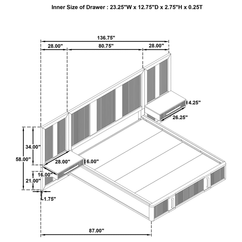 Cama con almacenaje y paneles Terrace Wall en fresno marrón