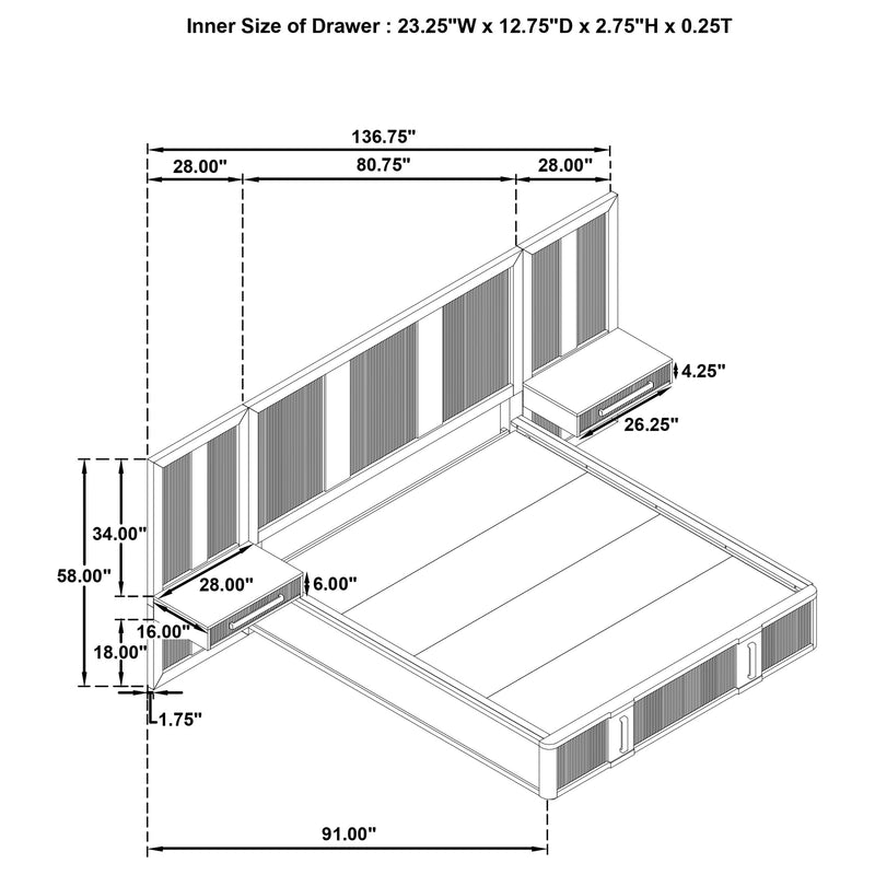 Cama con almacenaje y paneles Terrace Wall en fresno marrón