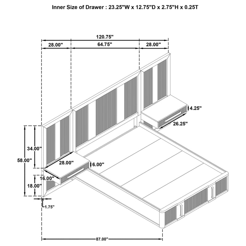 Cama con almacenaje y paneles Terrace Wall en fresno marrón