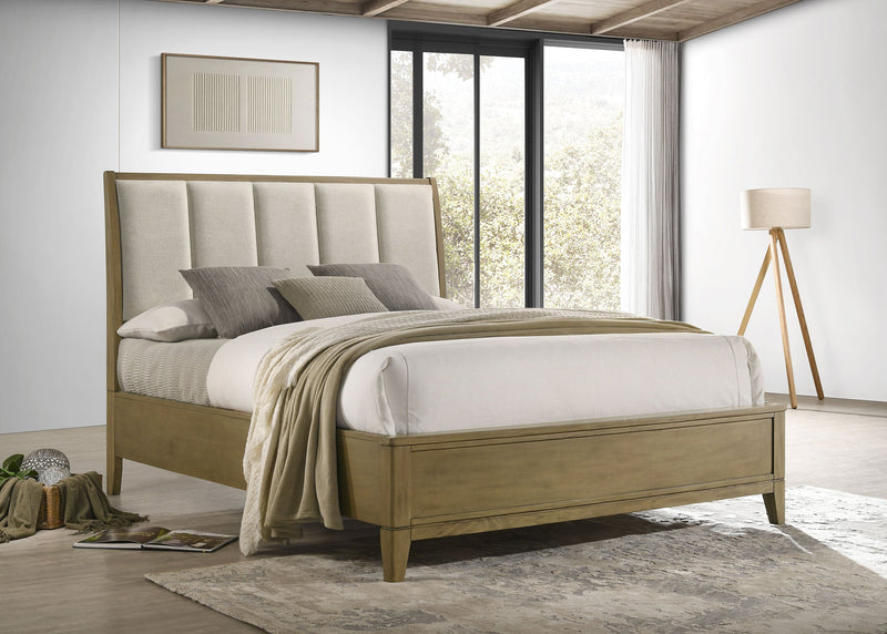 Cama Granada tapizada con paneles de pino natural