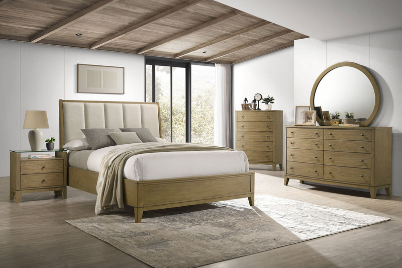 Cama Granada tapizada con paneles de pino natural