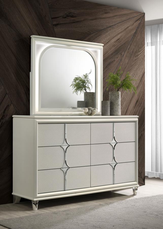 Cómoda Olivia de 6 cajones y espejo LED en blanco perlado