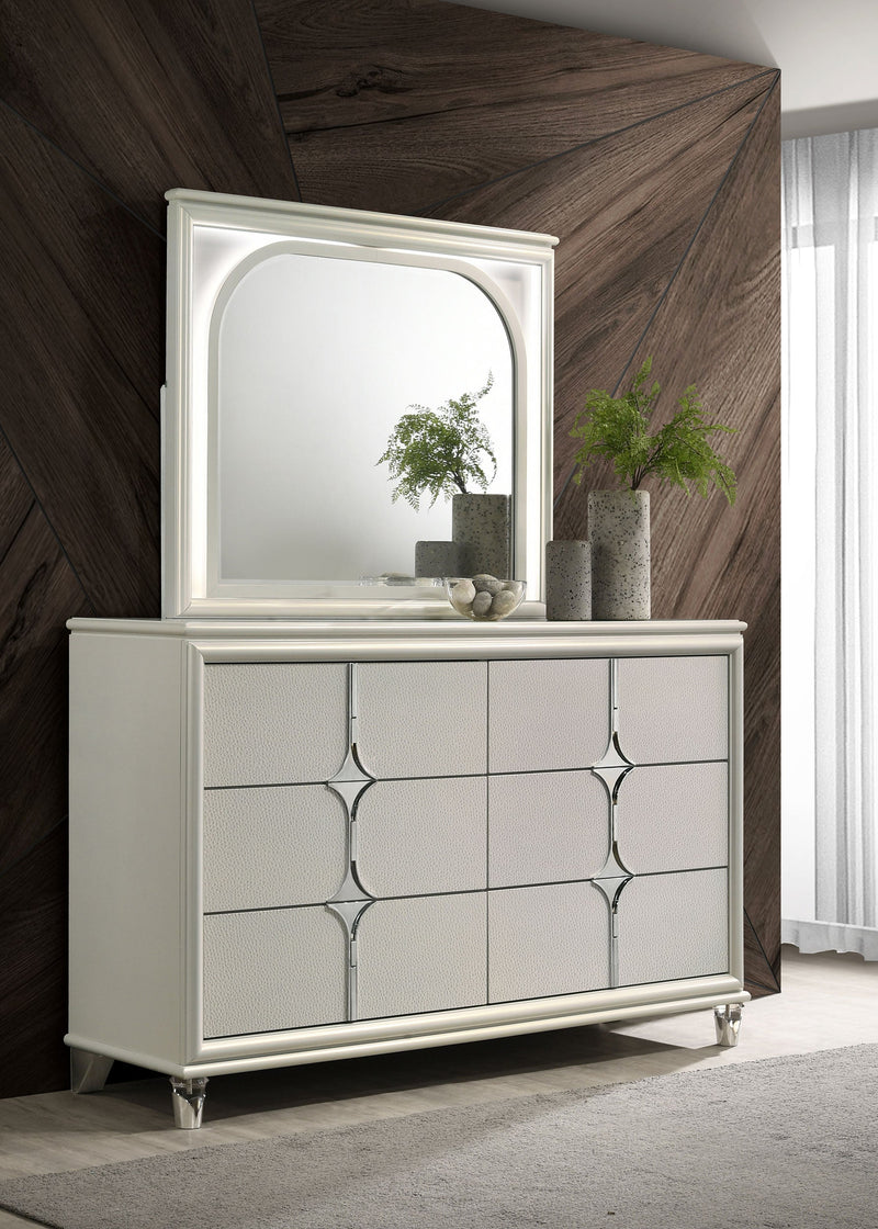 Cómoda Olivia de 6 cajones y espejo LED en blanco perlado