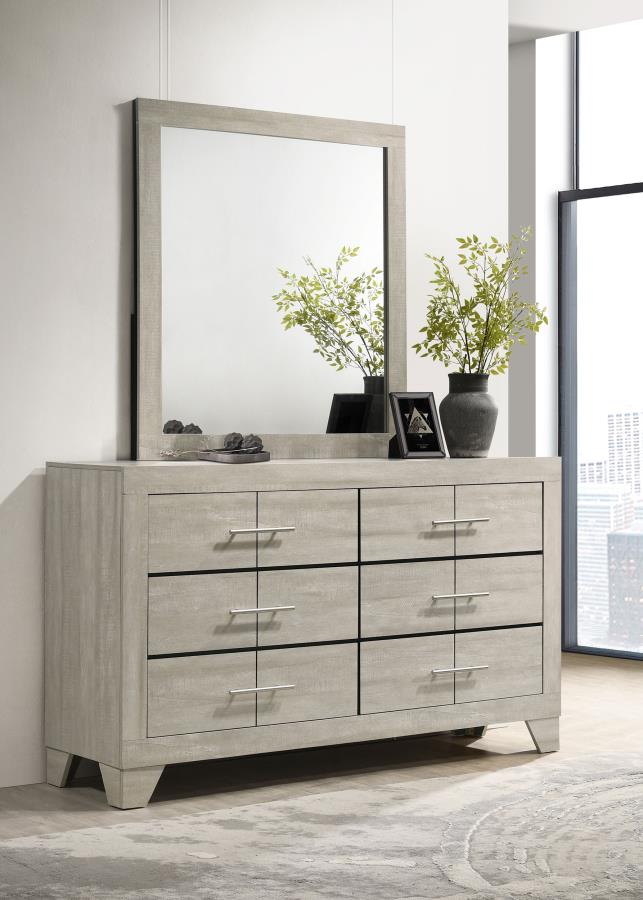 Cómoda de dormitorio Trenton de 6 cajones con espejo, crema rústica