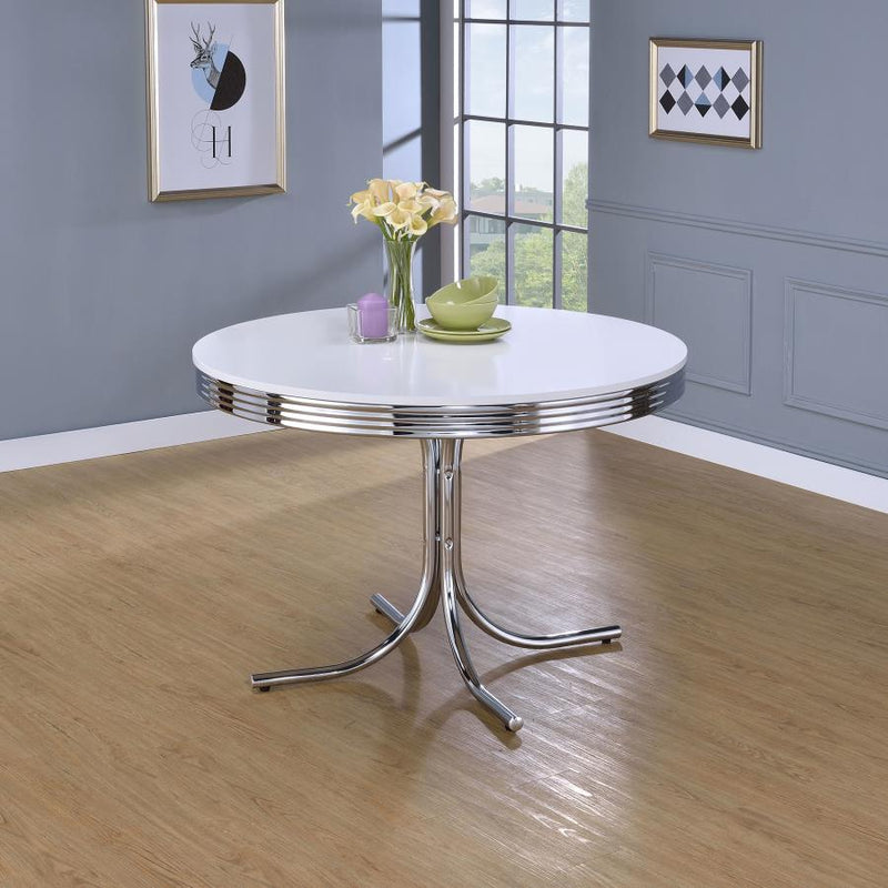 Mesa de Comedor Retro con Tapa de Madera de 42 Pulgadas, Blanca y Cromada