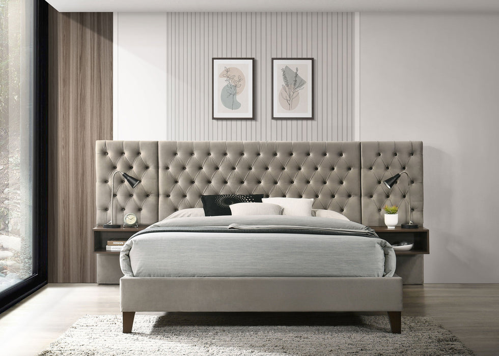 Marley Upholstered  Platform Bed with Headboard Panels Light Brown