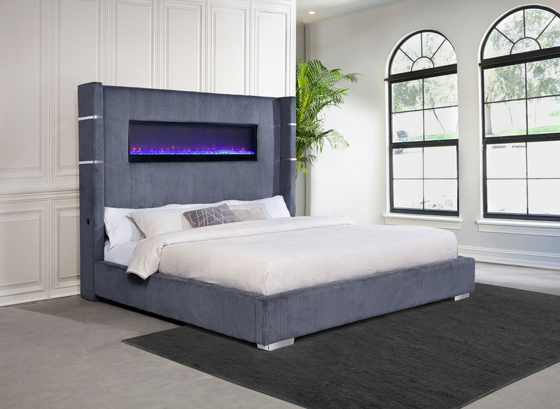 Cama Tisdall tapizada con visualizador de llama