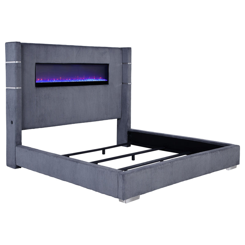 Cama Tisdall tapizada con visualizador de llama