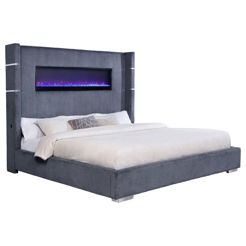 Cama Tisdall tapizada con visualizador de llama