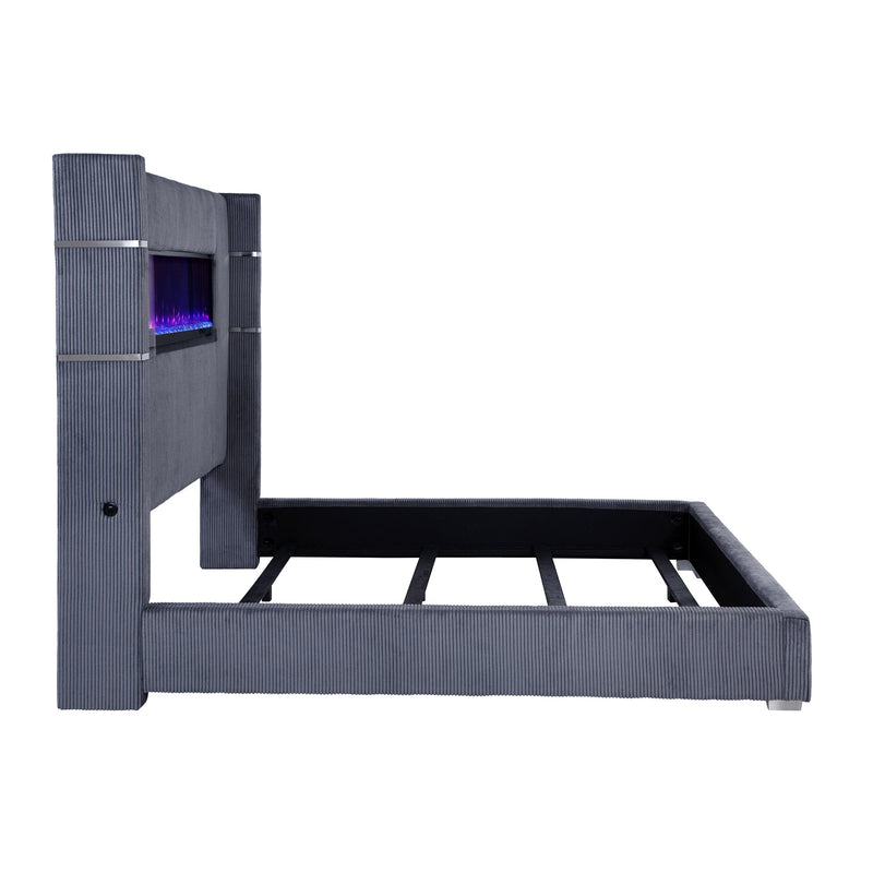 Cama Tisdall tapizada con visualizador de llama