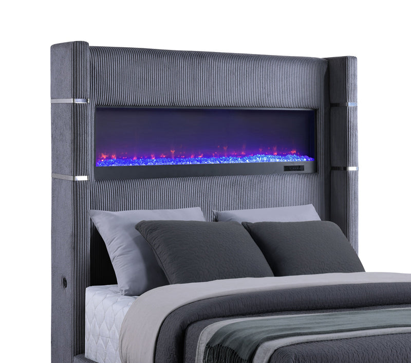 Cama Tisdall tapizada con visualizador de llama