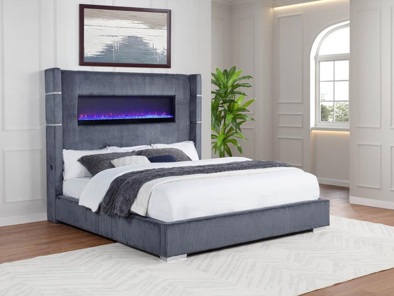 Cama Tisdall tapizada con visualizador de llama