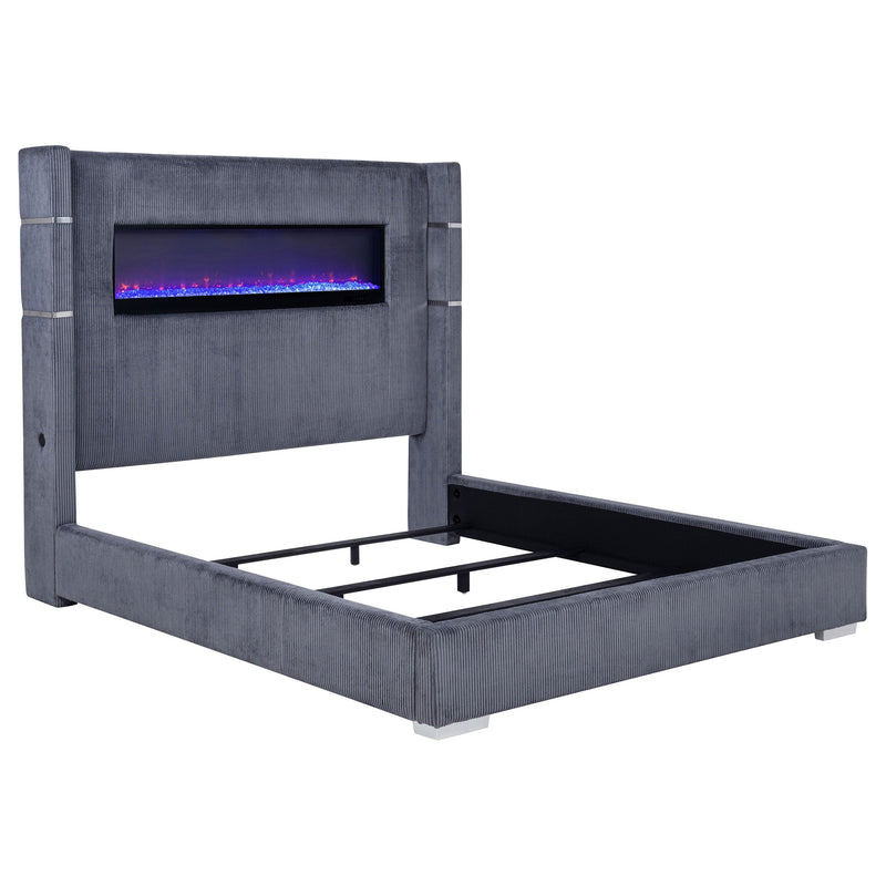 Cama Tisdall tapizada con visualizador de llama