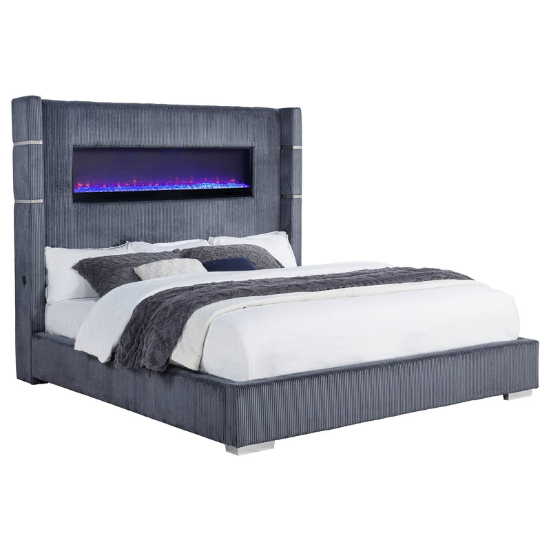 Cama Tisdall tapizada con visualizador de llama