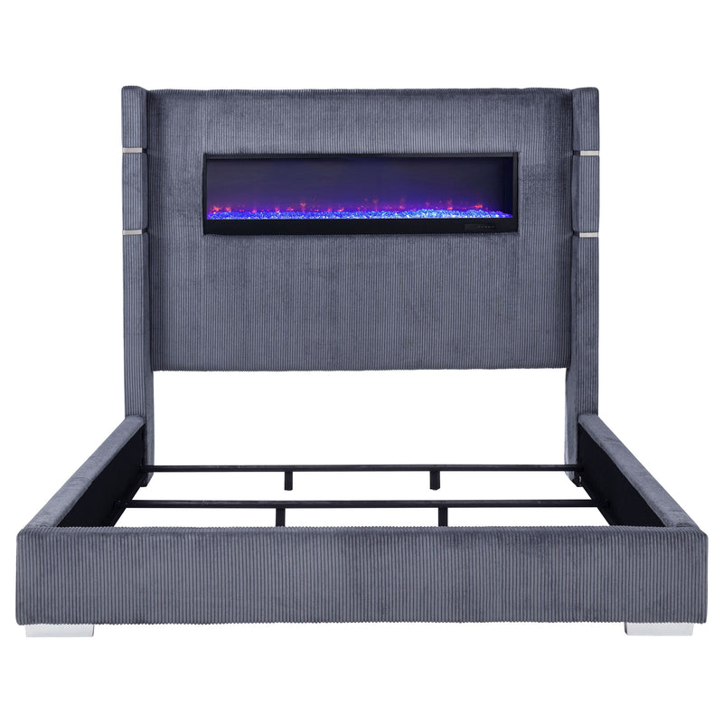 Cama Tisdall tapizada con visualizador de llama
