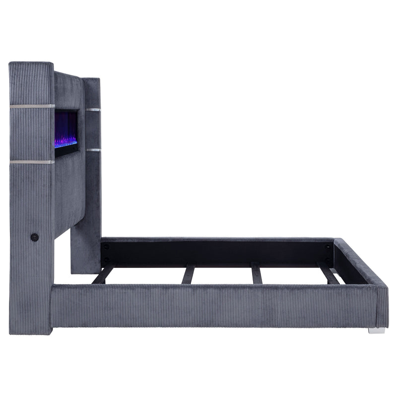 Cama Tisdall tapizada con visualizador de llama