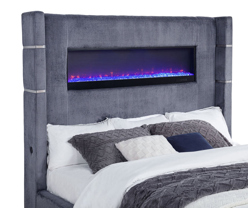 Cama Tisdall tapizada con visualizador de llama