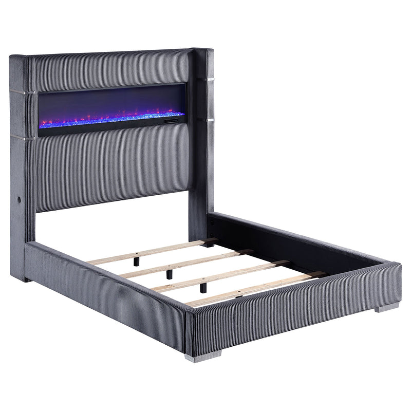 Cama Tisdall tapizada con visualizador de llama
