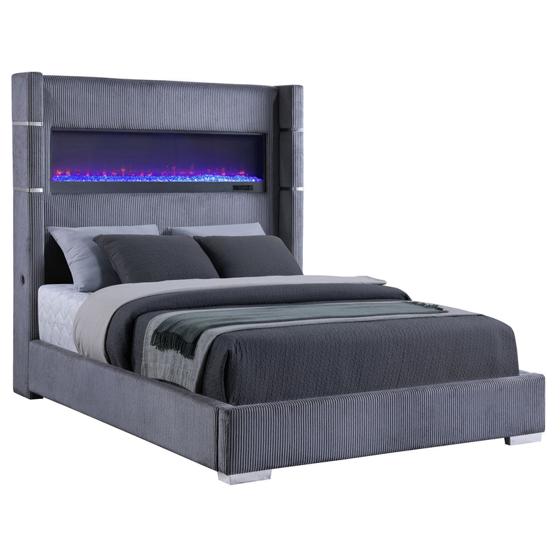 Cama Tisdall tapizada con visualizador de llama
