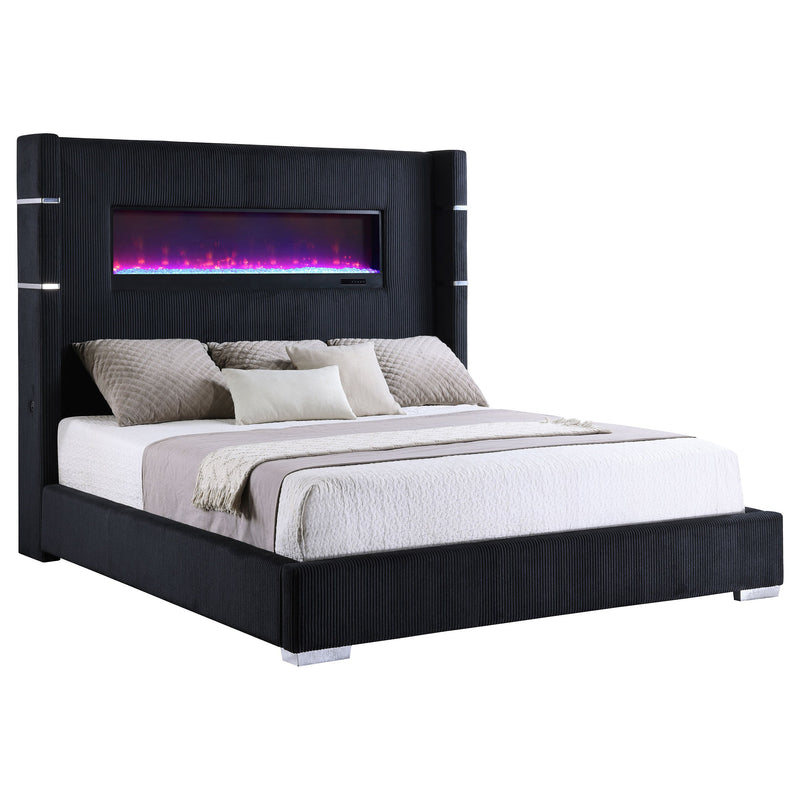 Cama Tisdall tapizada con visualizador de llama