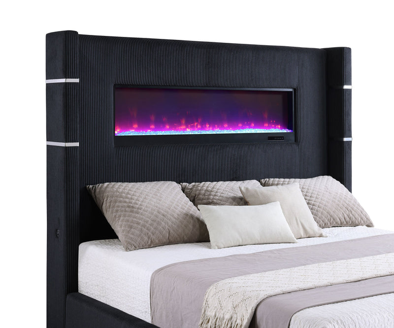 Cama Tisdall tapizada con visualizador de llama
