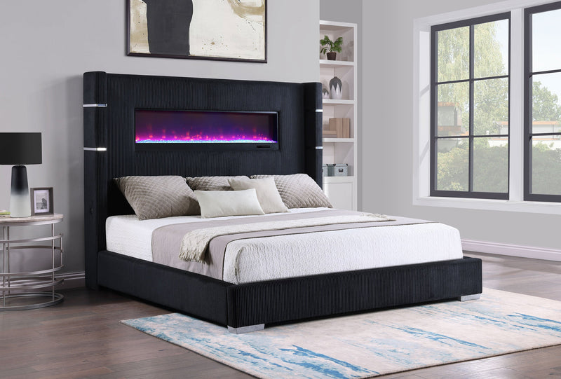 Cama Tisdall tapizada con visualizador de llama