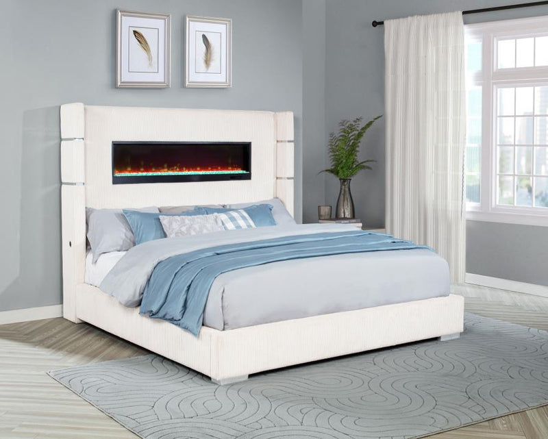 Cama Tisdall tapizada con visualizador de llama