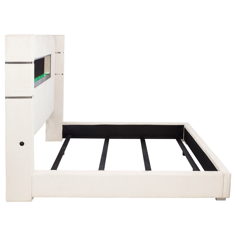 Cama Tisdall tapizada con visualizador de llama