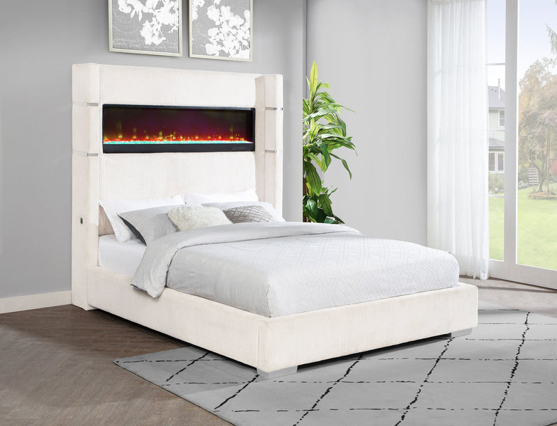 Cama Tisdall tapizada con visualizador de llama