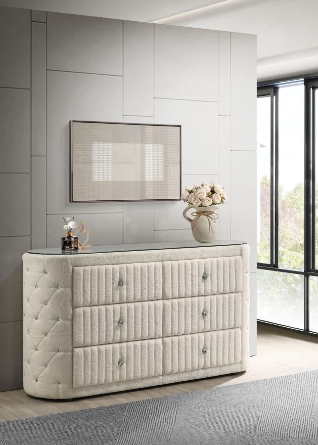 Cómoda de dormitorio tapizada de 6 cajones Sonya color marfil