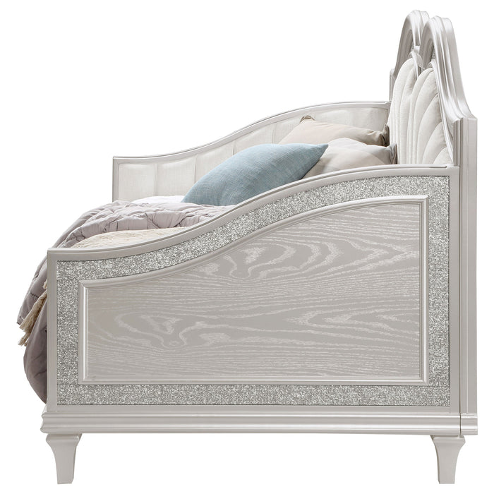 Evangeline Upholstered Twin Daybed with Faux Diamond Trim Silver and Ivory