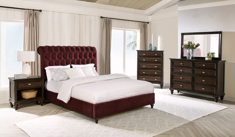 Cama tapizada Queen Devon de 57 pulgadas con paneles rojos vino