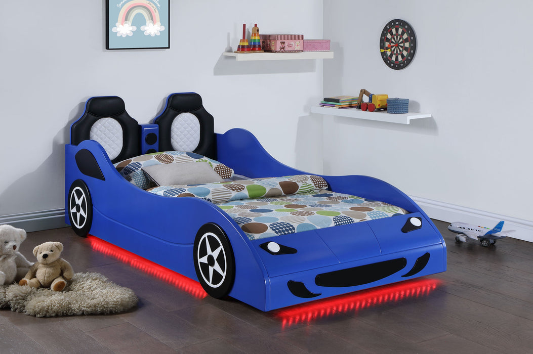 Cruiser Wood  LED Race Car Bed and 7-inch Mattress Blue