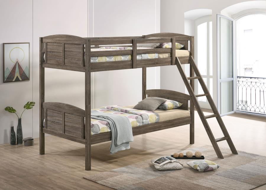 Flynn Wood Twin Over Twin Bunk Bed Weathered Brown