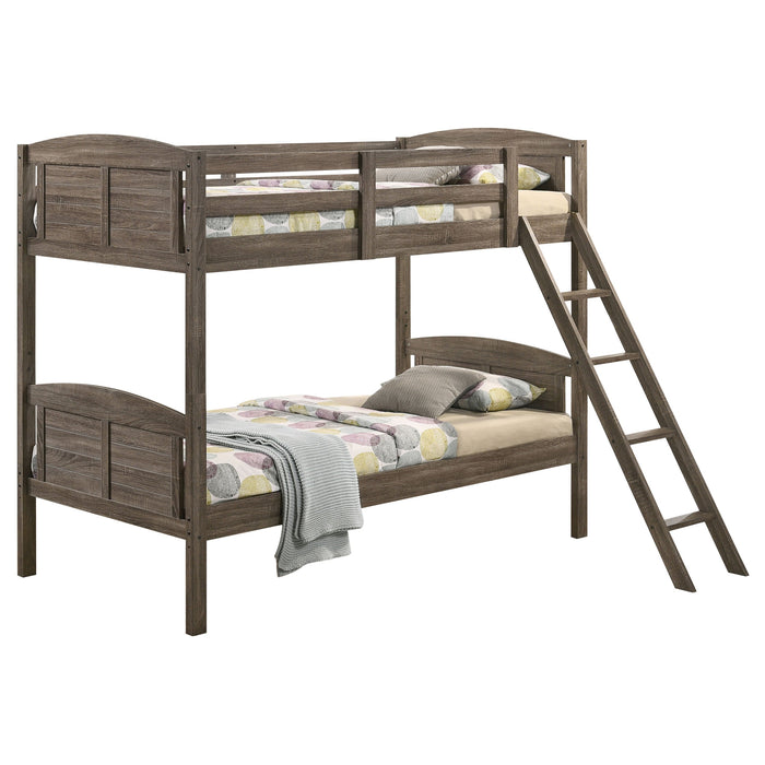 Flynn Wood Twin Over Twin Bunk Bed Weathered Brown
