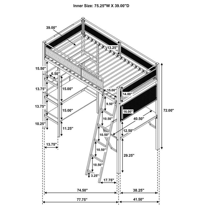 Campus 3-shelf Metal Twin Workstation Loft Bed Matte