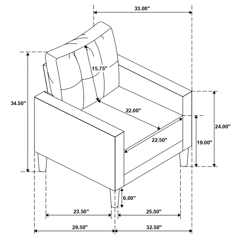 Sillón decorativo tapizado Bowen con apoyabrazos rectos y capitoné