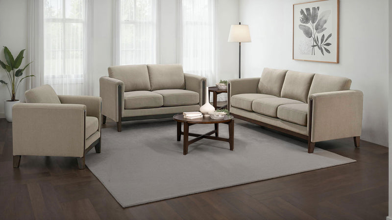Sillón decorativo Islington con brazos tipo panel tapizado en tela, color gris topo