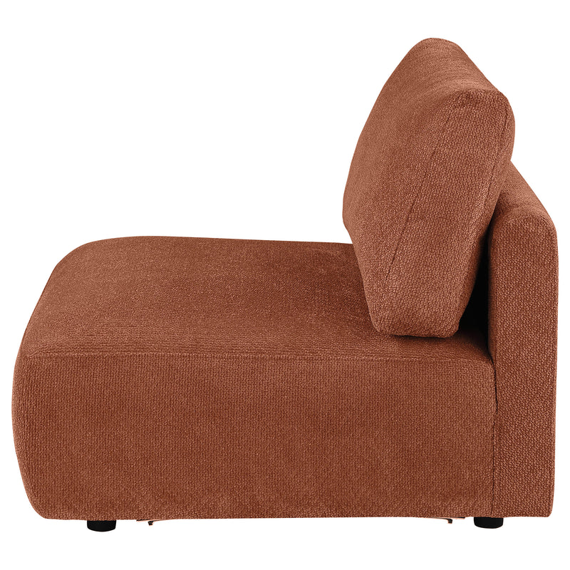 Sillón modular sin brazos tapizado en chenilla Elysia, color coral