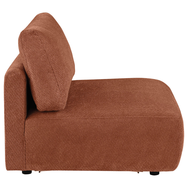 Sillón modular sin brazos tapizado en chenilla Elysia, color coral