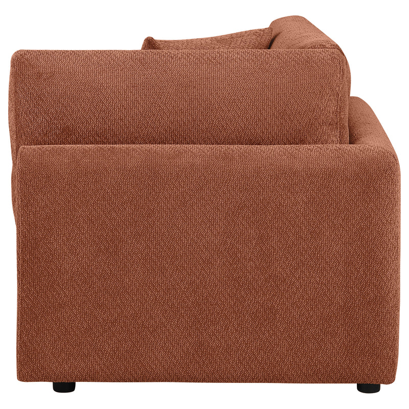 Sillón esquinero modular tapizado en chenilla Elysia, coral
