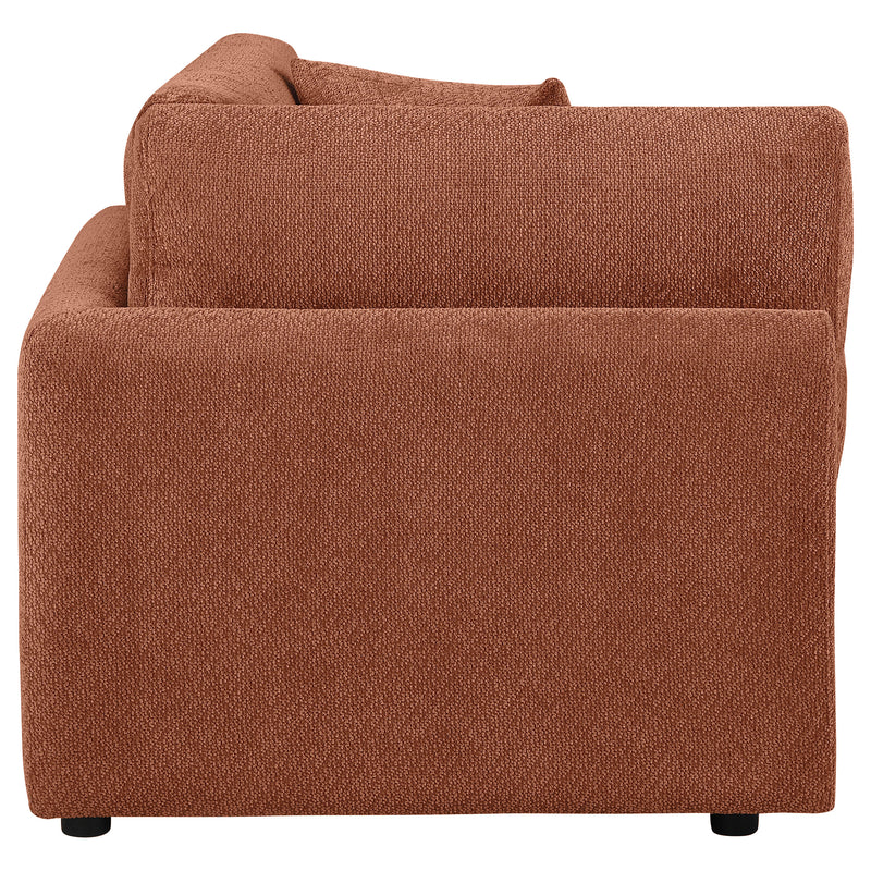 Sillón esquinero modular tapizado en chenilla Elysia, coral