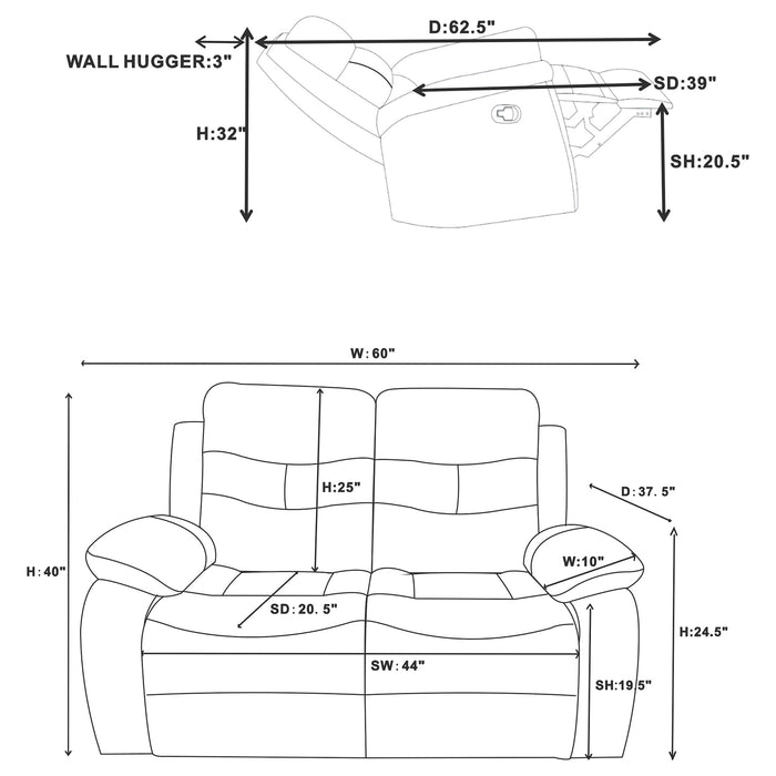 Nova 2-piece Upholstered Motion Reclining Sofa Set Dark Grey