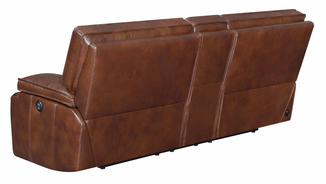 Southwick Pillow Top Arm Power Loveseat with Console Saddle Brown