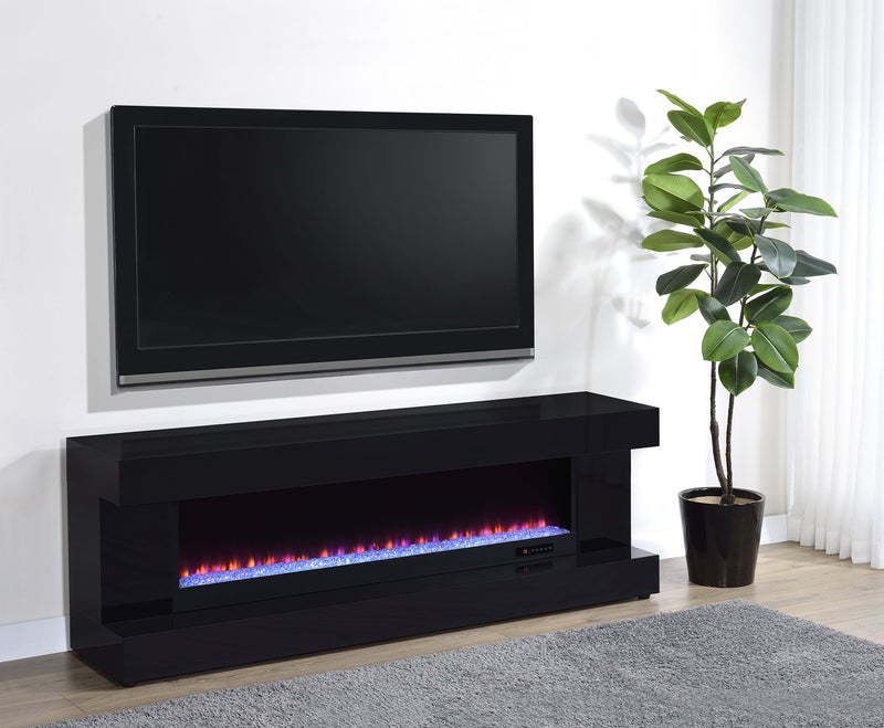 Mueble de TV Mallory con chimenea, consola y altavoz Bluetooth, color negro brillante